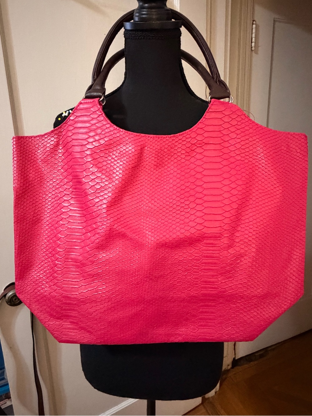 Neiman Marcus Magenta Pink Textured Tote Bag with Brown Handles